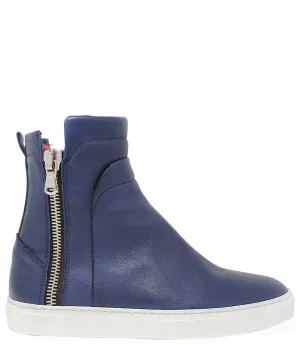 Navy Leather Double Zip Shearling Boot