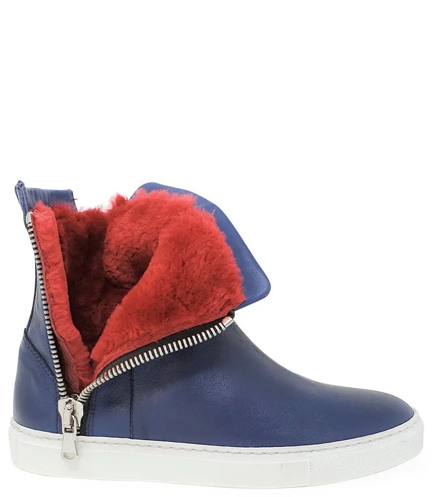 Navy Leather Double Zip Shearling Boot