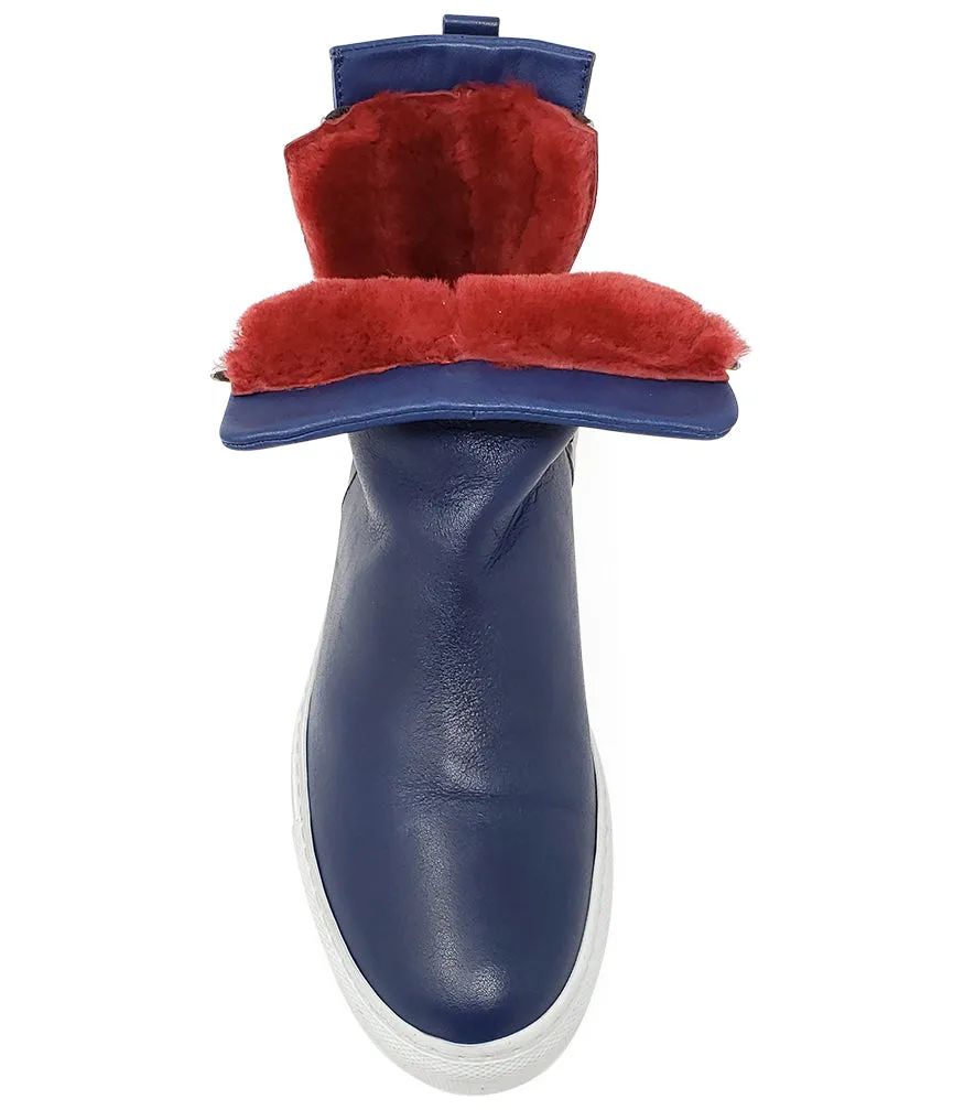 Navy Leather Double Zip Shearling Boot
