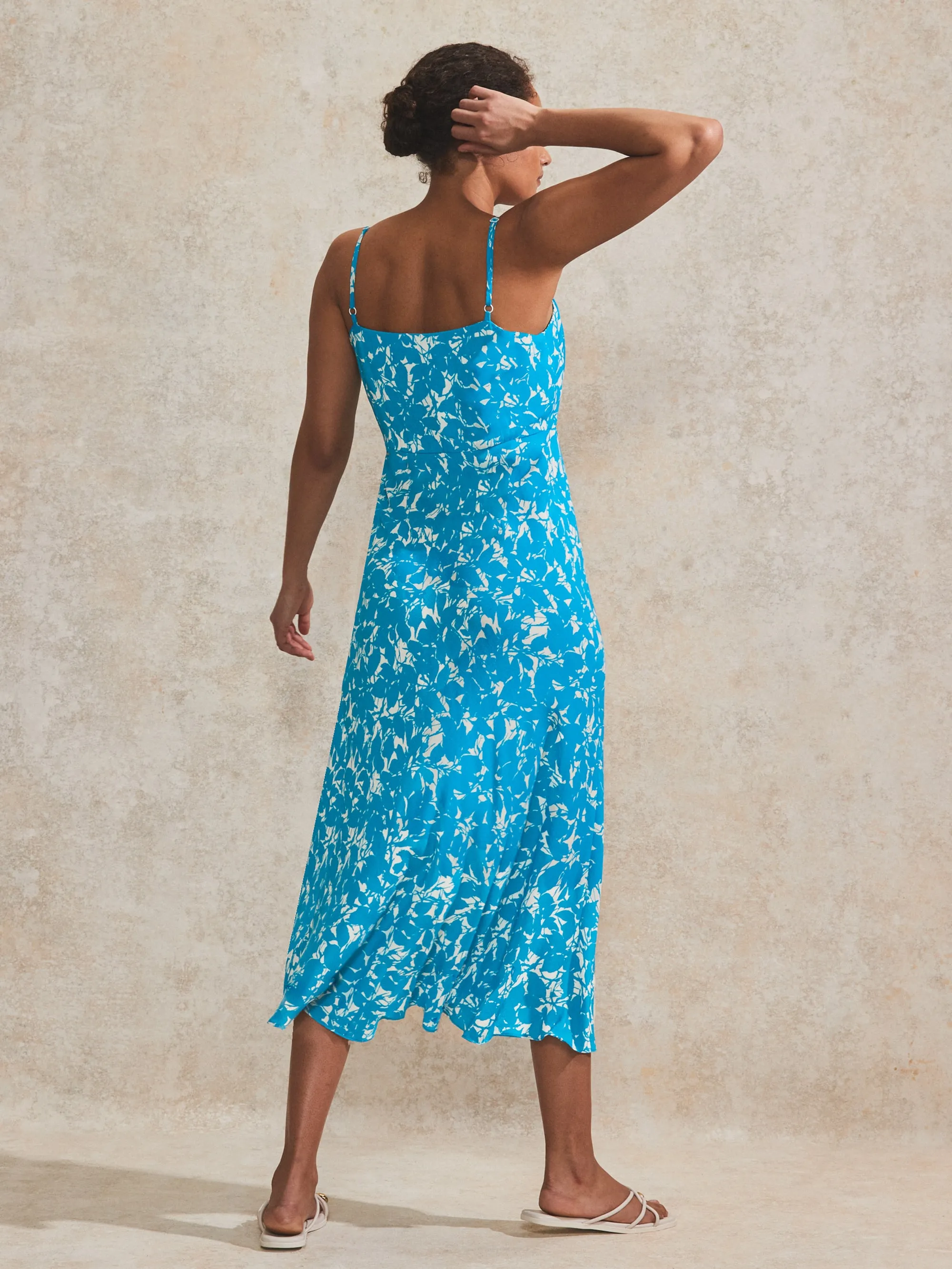 Petite Blue Leaf-Print Keyhole-Detail Cami Dress