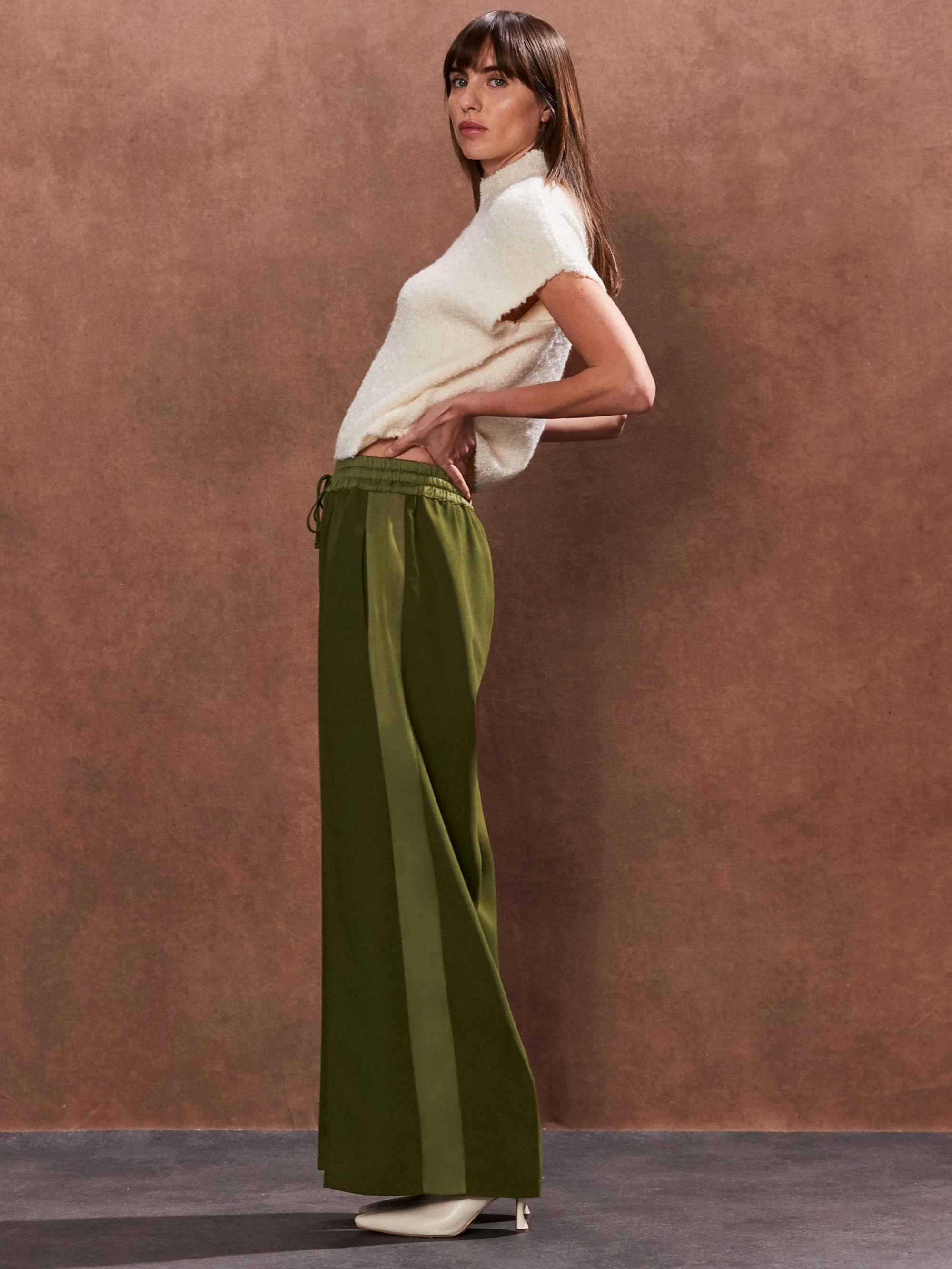 Petite Olive Satin Side Stripe Trousers