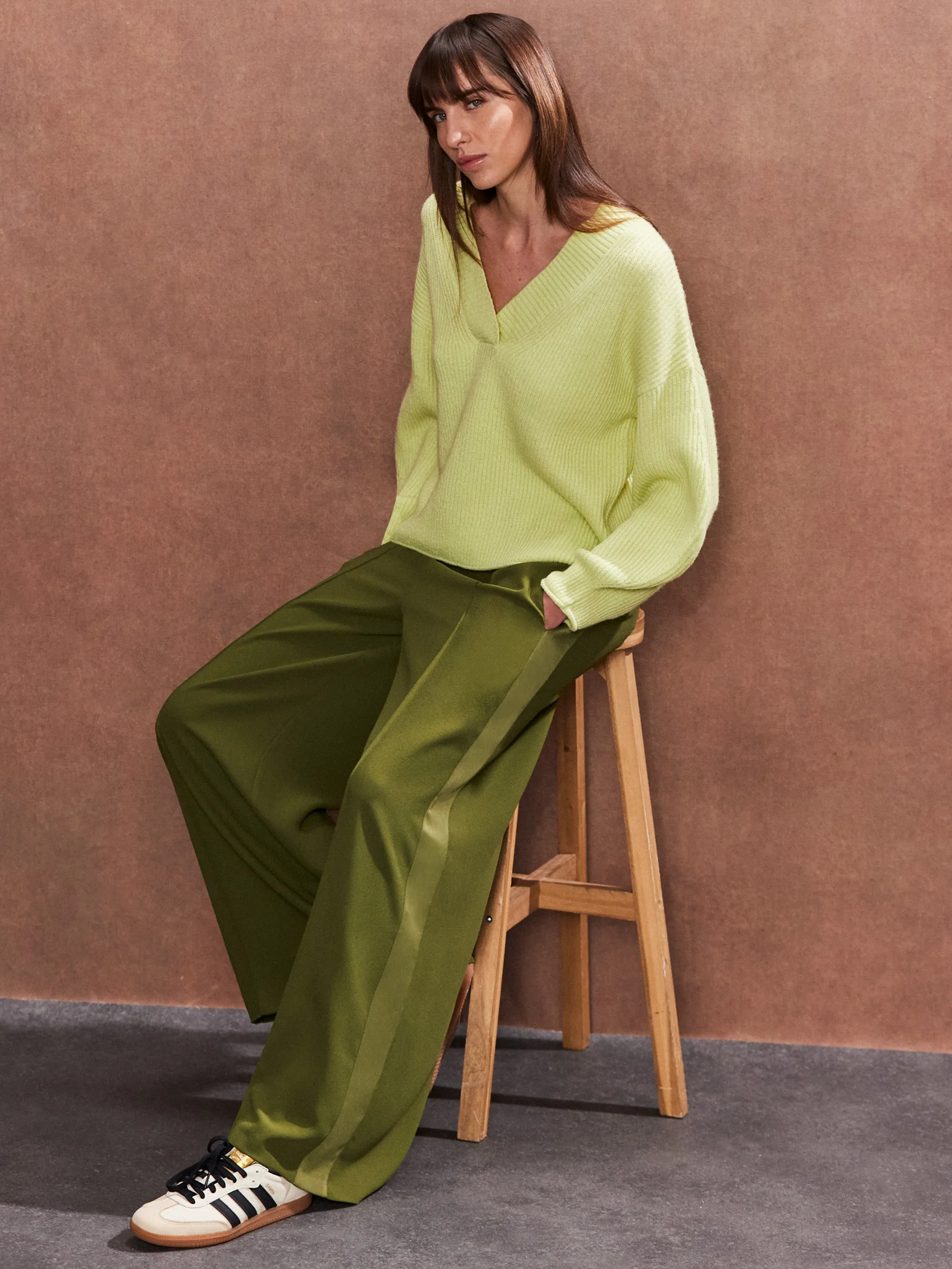 Petite Olive Satin Side Stripe Trousers