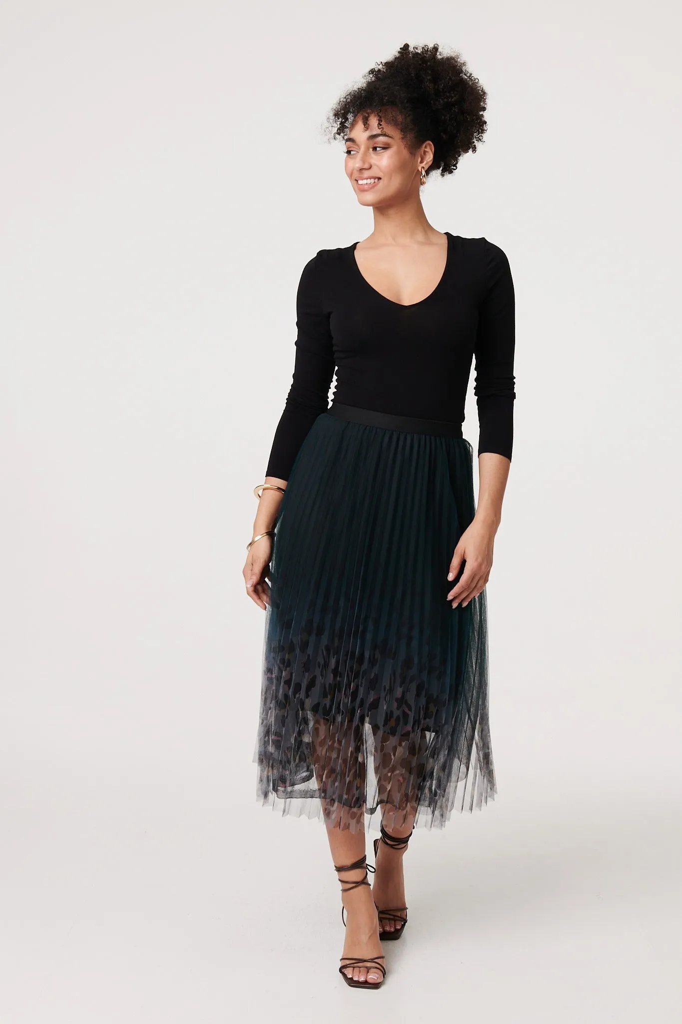 Printed High Waist Mesh Midi Skirt