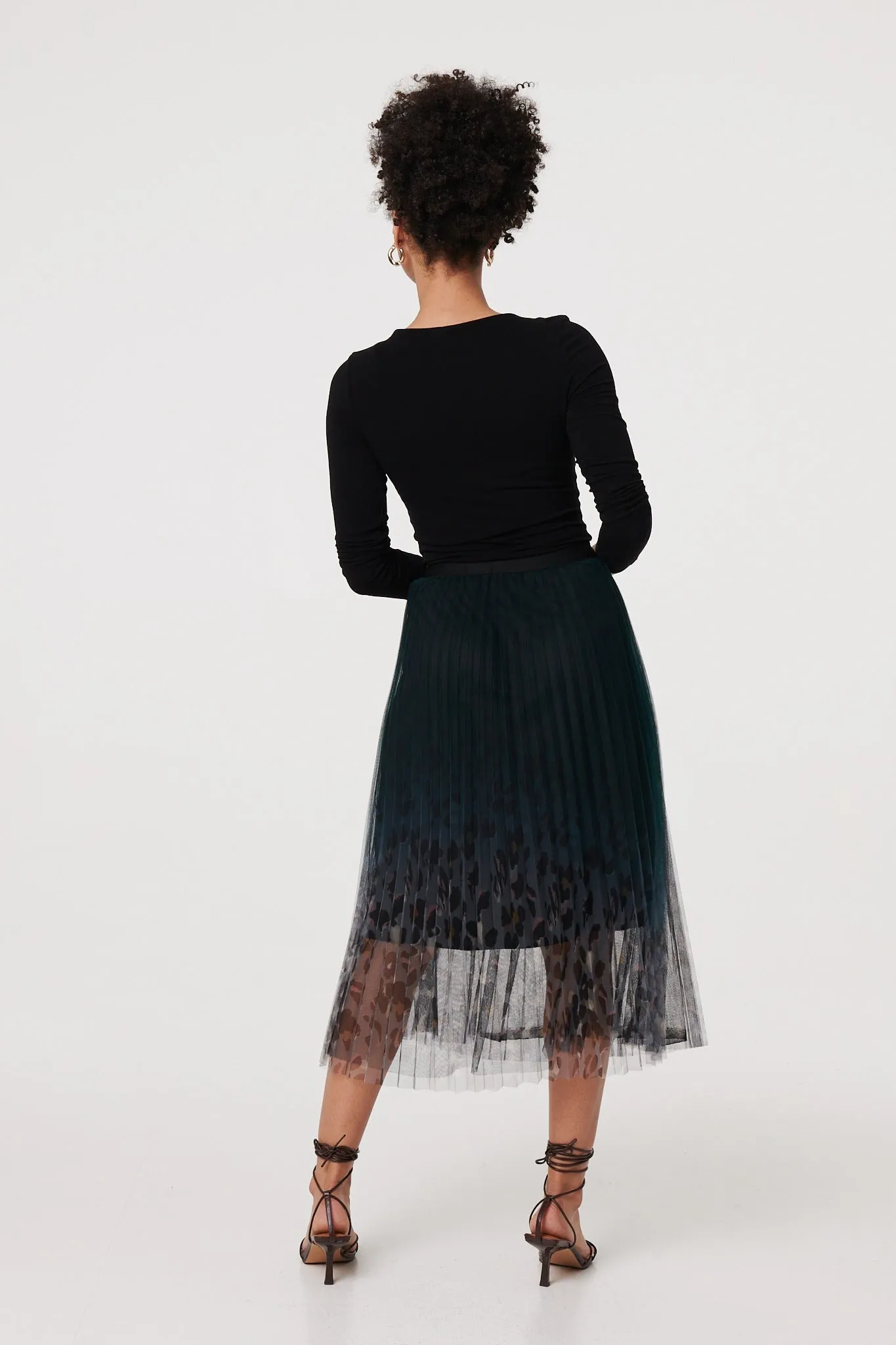 Printed High Waist Mesh Midi Skirt