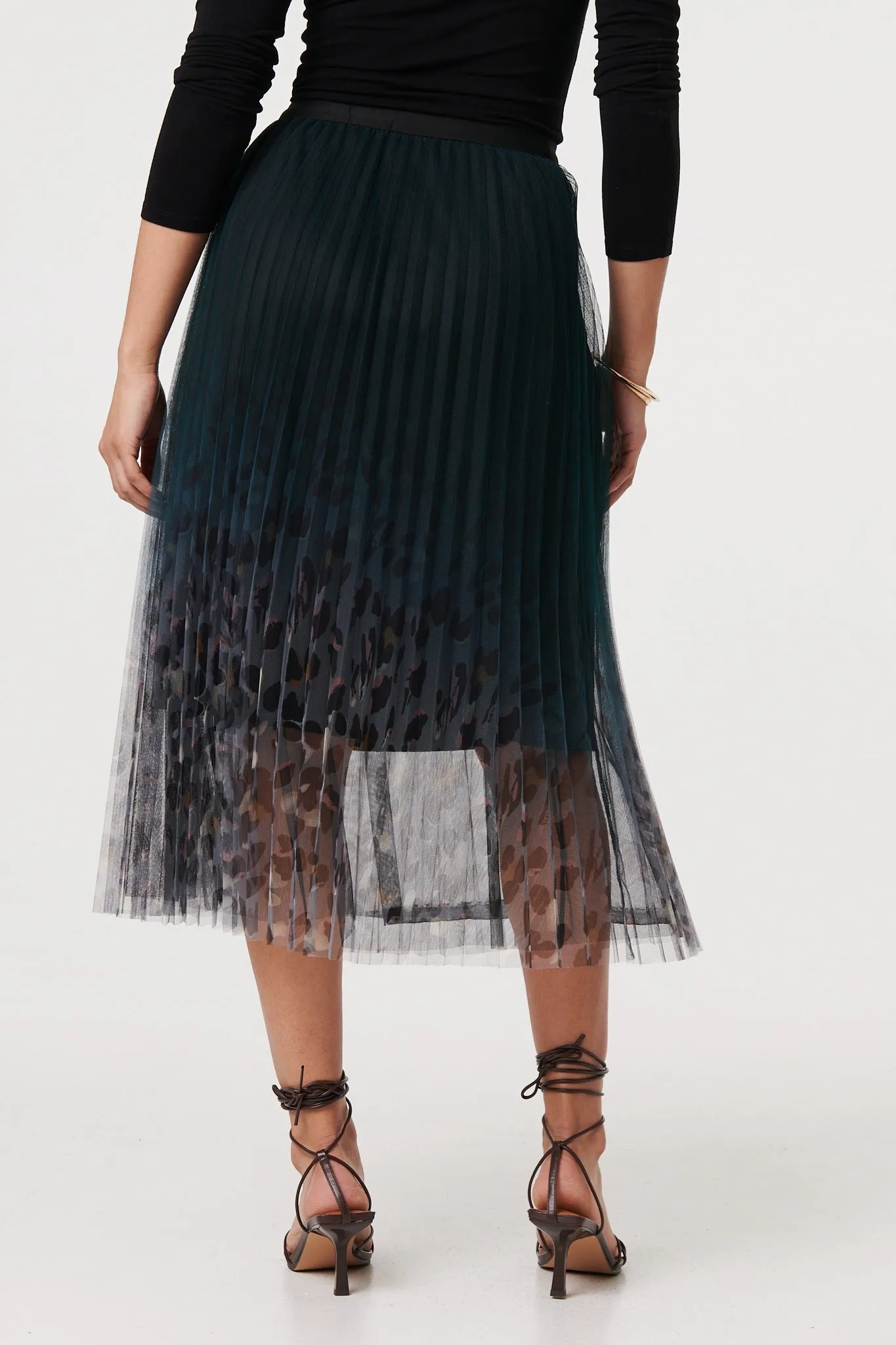 Printed High Waist Mesh Midi Skirt