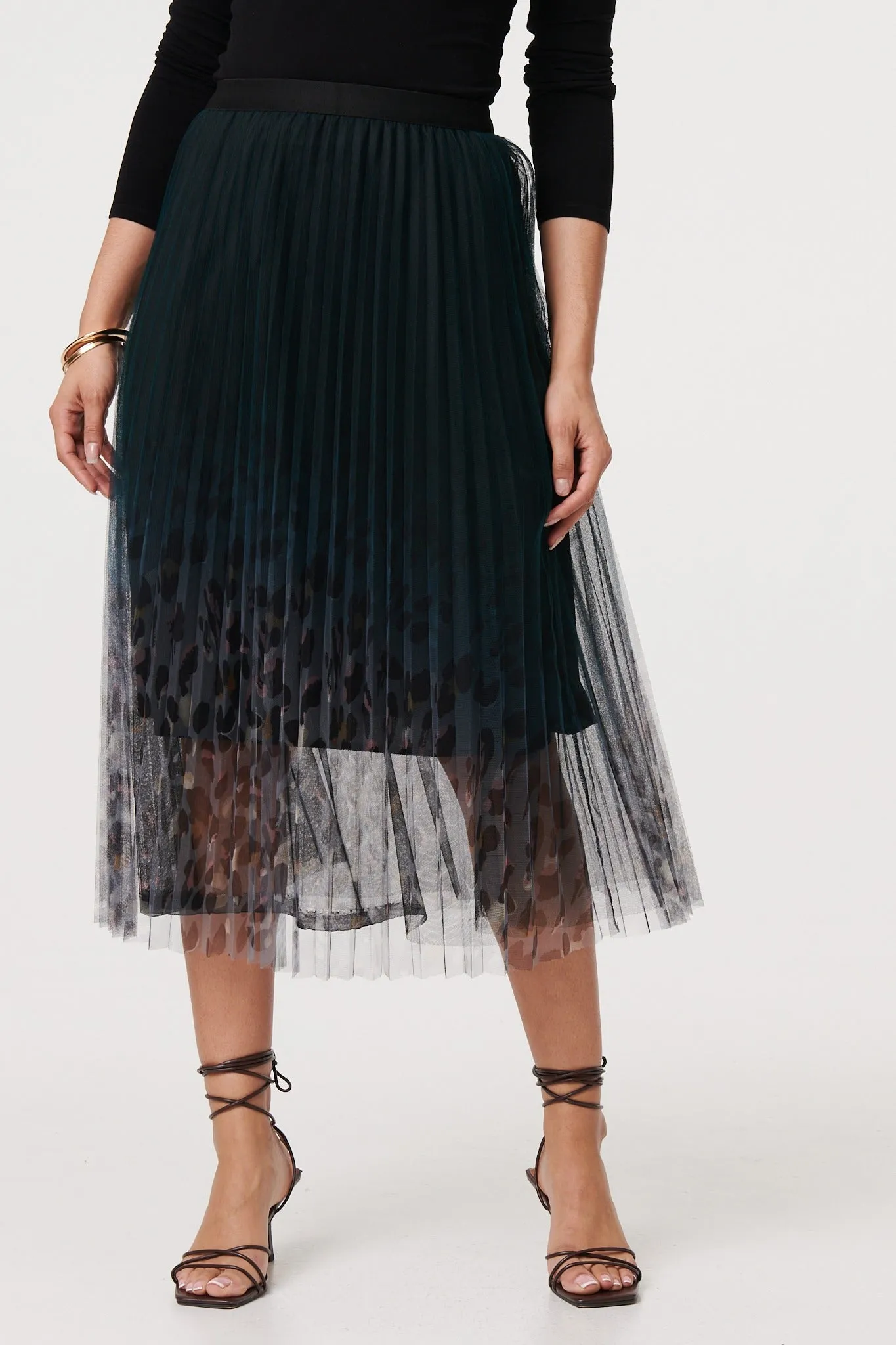 Printed High Waist Mesh Midi Skirt