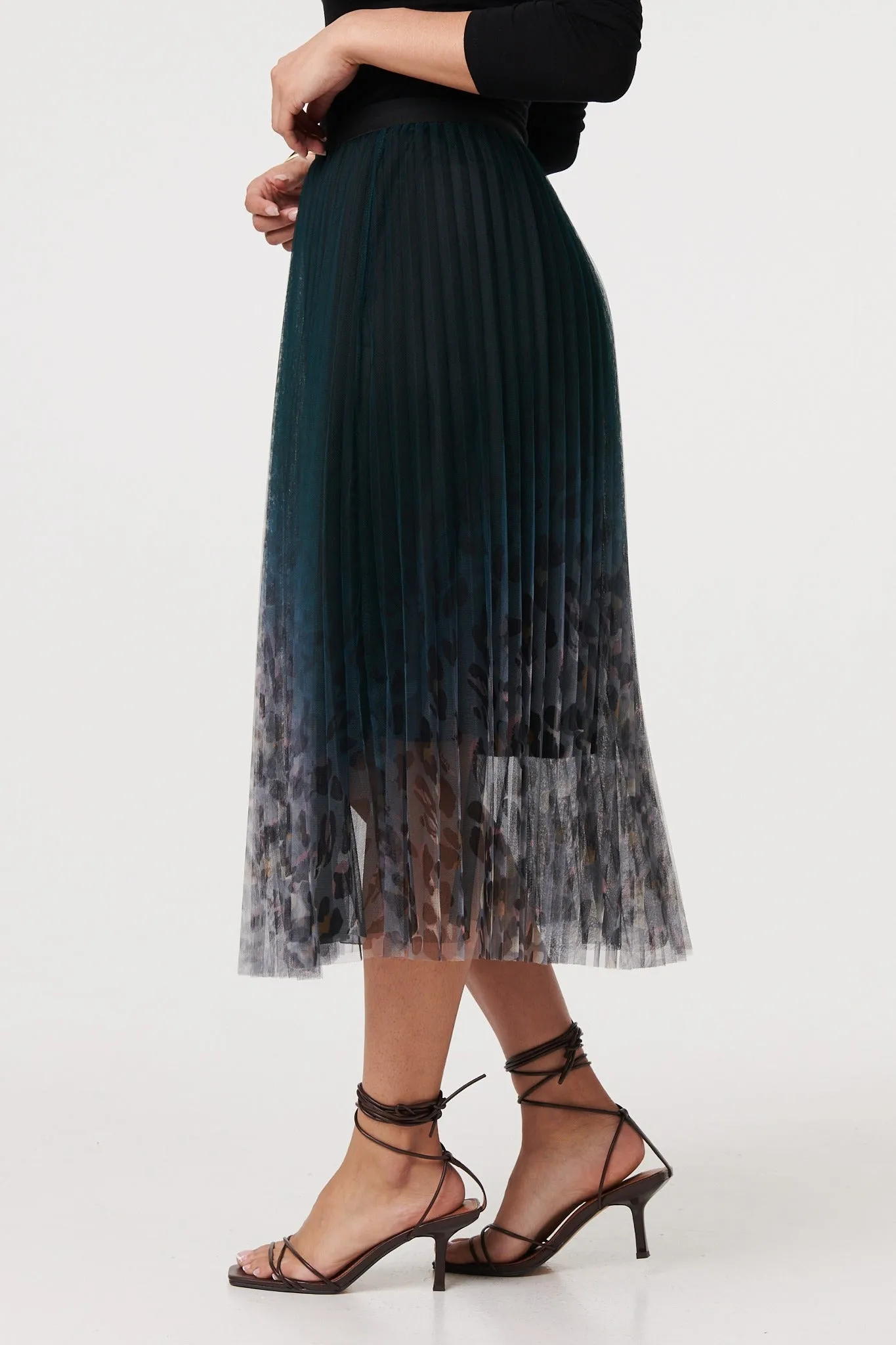 Printed High Waist Mesh Midi Skirt