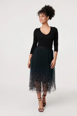 Printed High Waist Mesh Midi Skirt