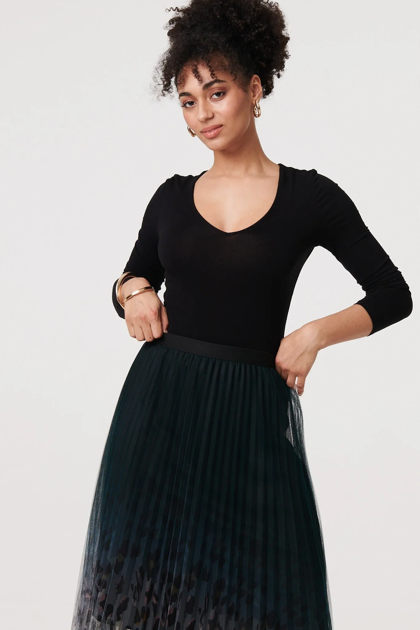 Printed High Waist Mesh Midi Skirt