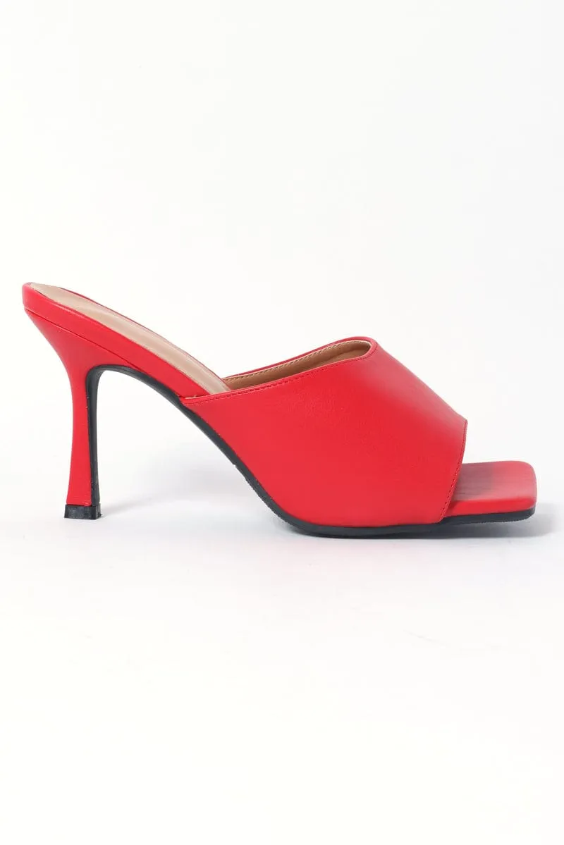 Red Square Toe Heeled Mules Sandals