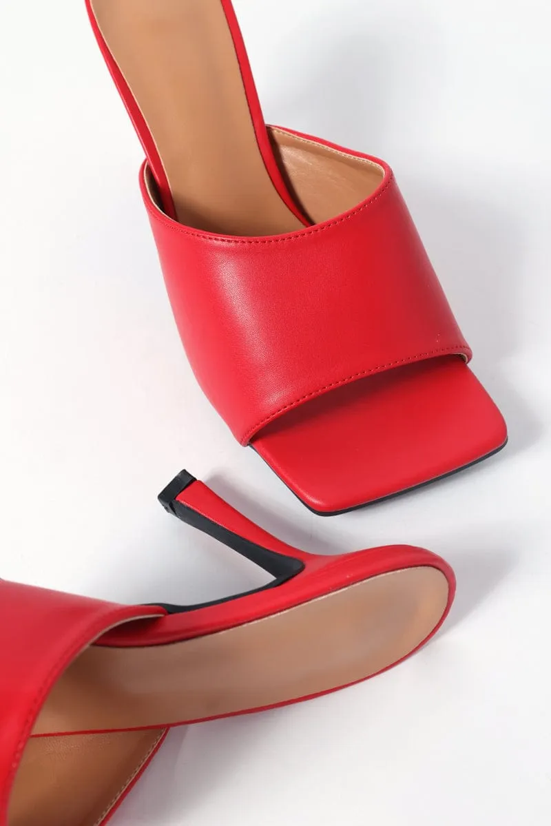 Red Square Toe Heeled Mules Sandals