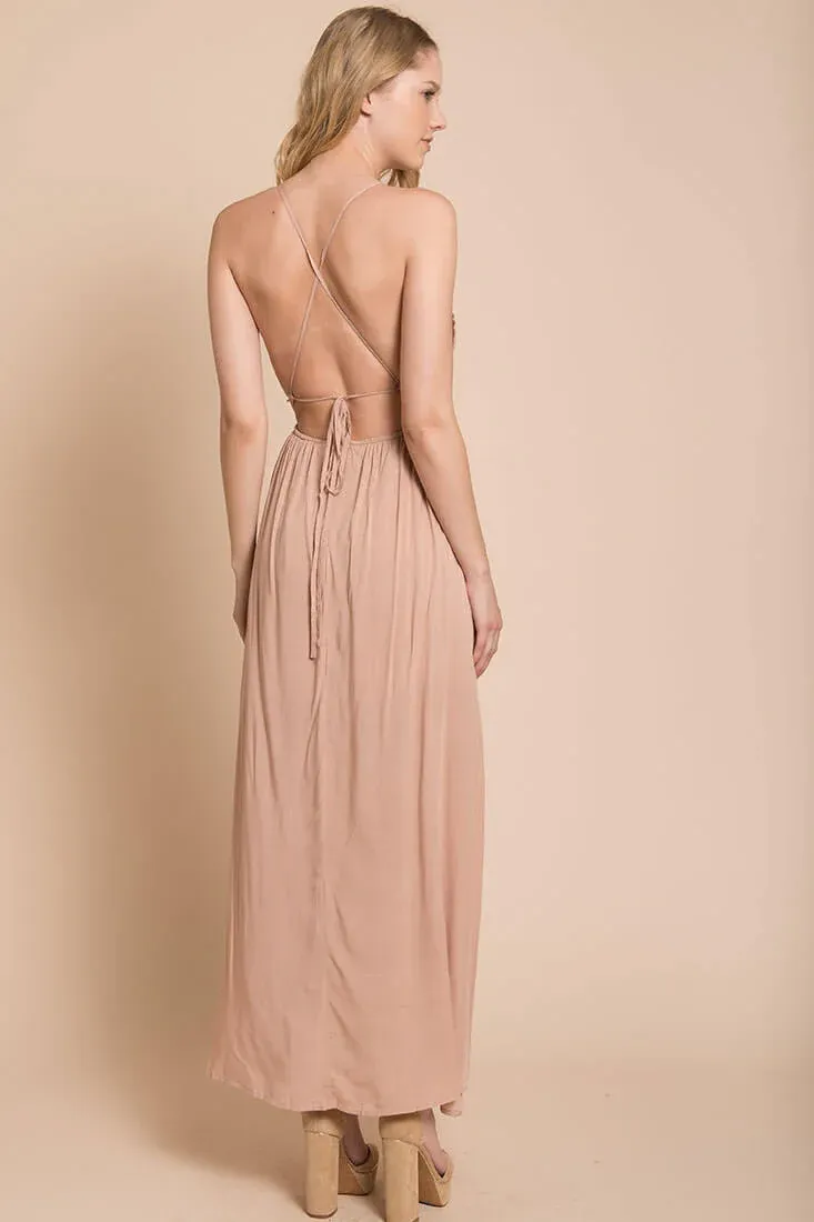 Summer Wedding Embroidered Floral Maxi Dress Mocha