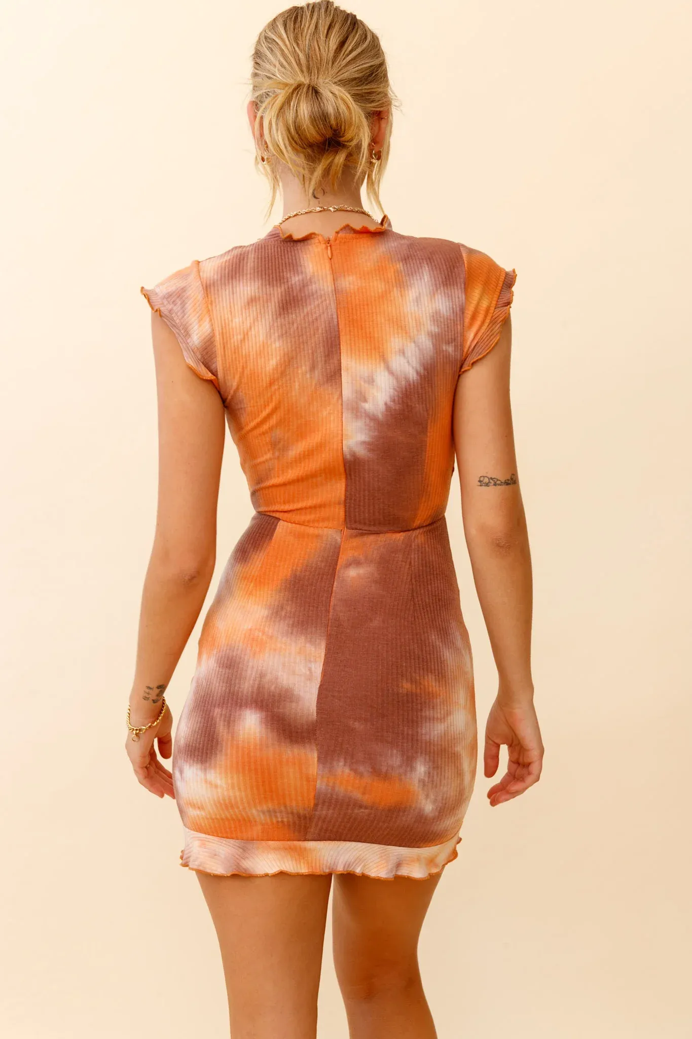 Wake Up Call Ruched Accent Ruffle Dress Marble Print Orange