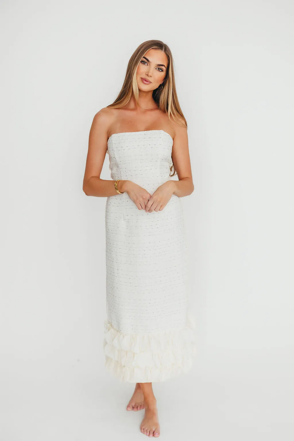 Whitney Tweed Strapless Maxi Dress in Off-White