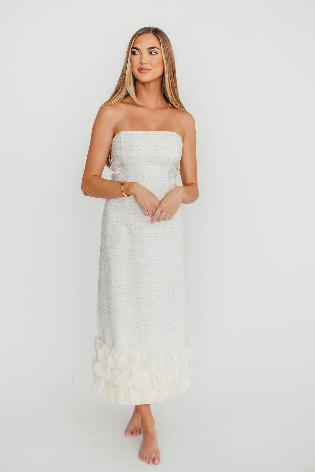 Whitney Tweed Strapless Maxi Dress in Off-White