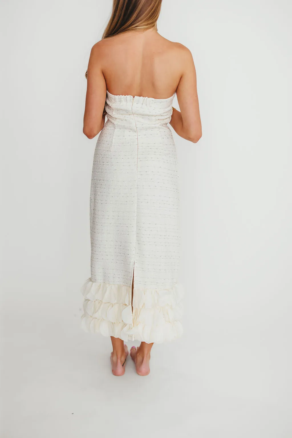 Whitney Tweed Strapless Maxi Dress in Off-White