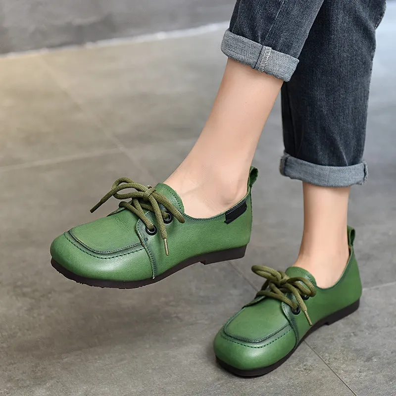 Women Spring Retro Style Soft Cowhide Lace Up Flat Shoes