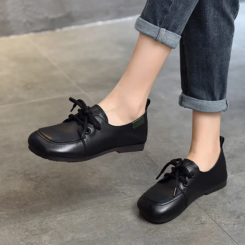 Women Spring Retro Style Soft Cowhide Lace Up Flat Shoes