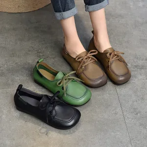 Women Spring Retro Style Soft Cowhide Lace Up Flat Shoes