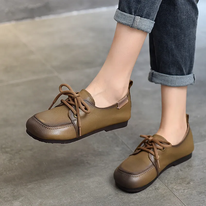 Women Spring Retro Style Soft Cowhide Lace Up Flat Shoes