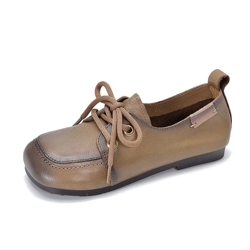 Women Spring Retro Style Soft Cowhide Lace Up Flat Shoes