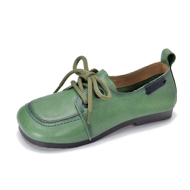Women Spring Retro Style Soft Cowhide Lace Up Flat Shoes
