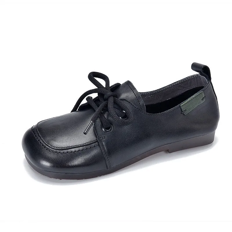 Women Spring Retro Style Soft Cowhide Lace Up Flat Shoes