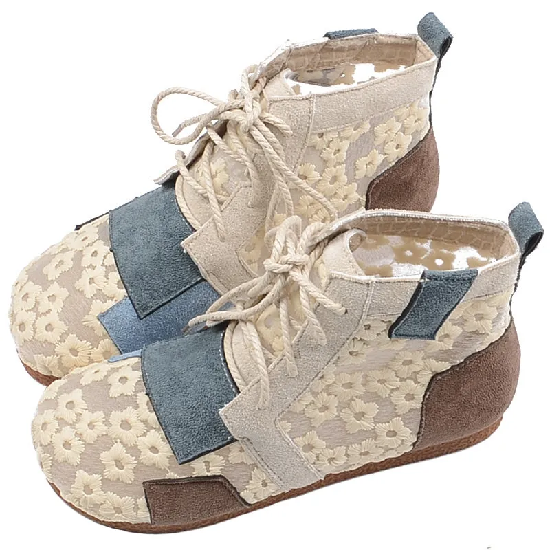 Women Summer Vintage Parchwork Floral Mesh Canvas Boots