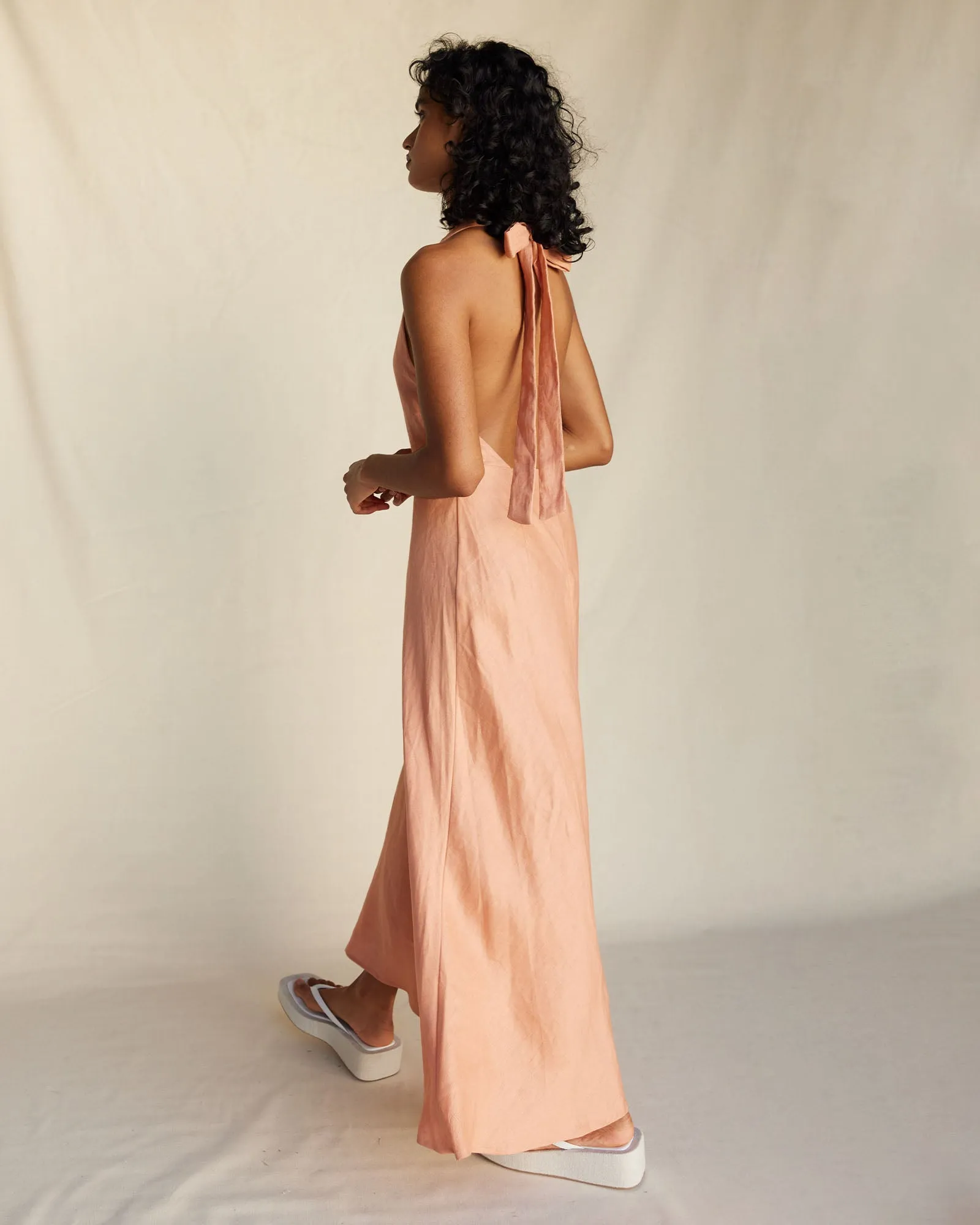 Zaina Linen Halter Maxi Dress - Apricot