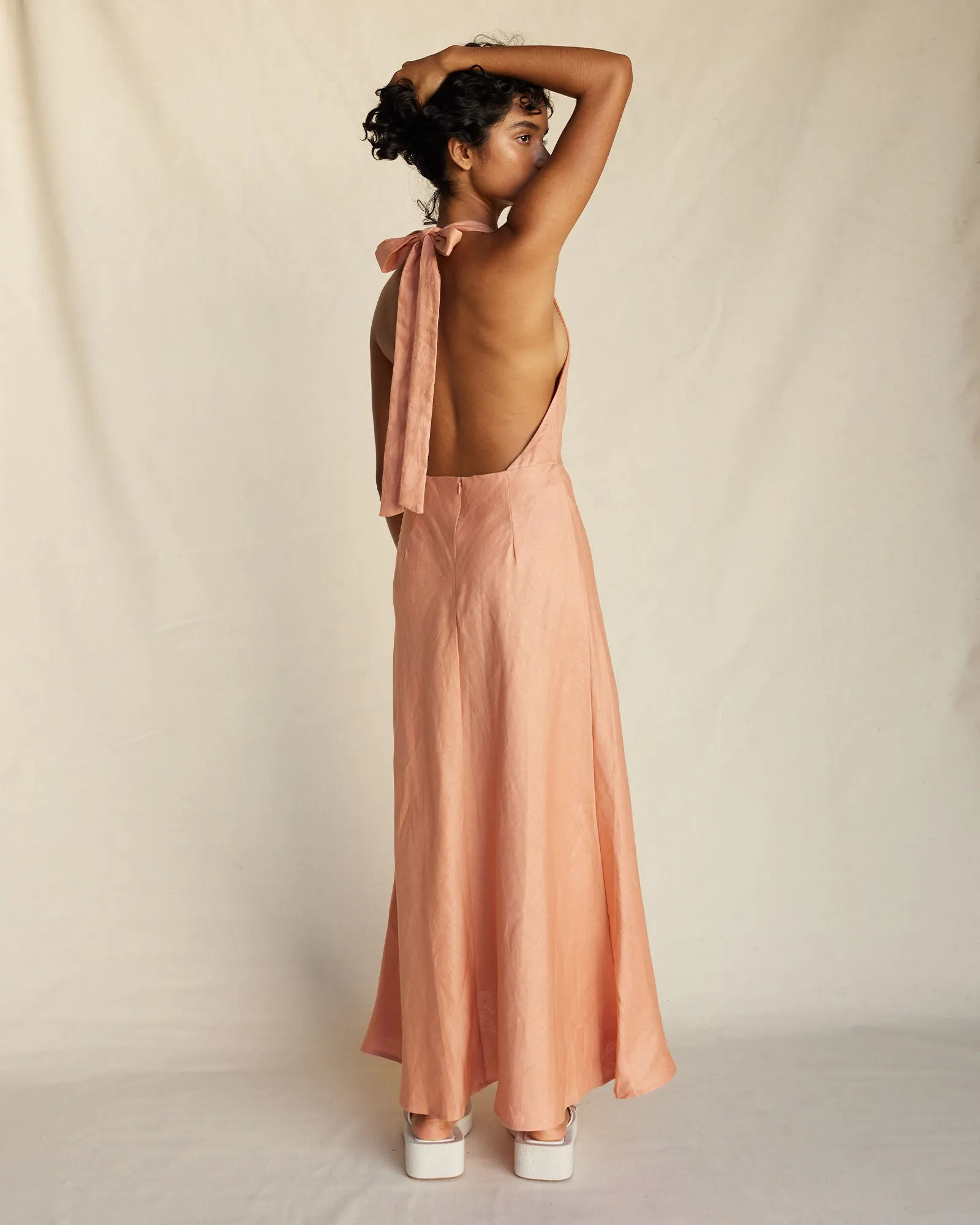 Zaina Linen Halter Maxi Dress - Apricot