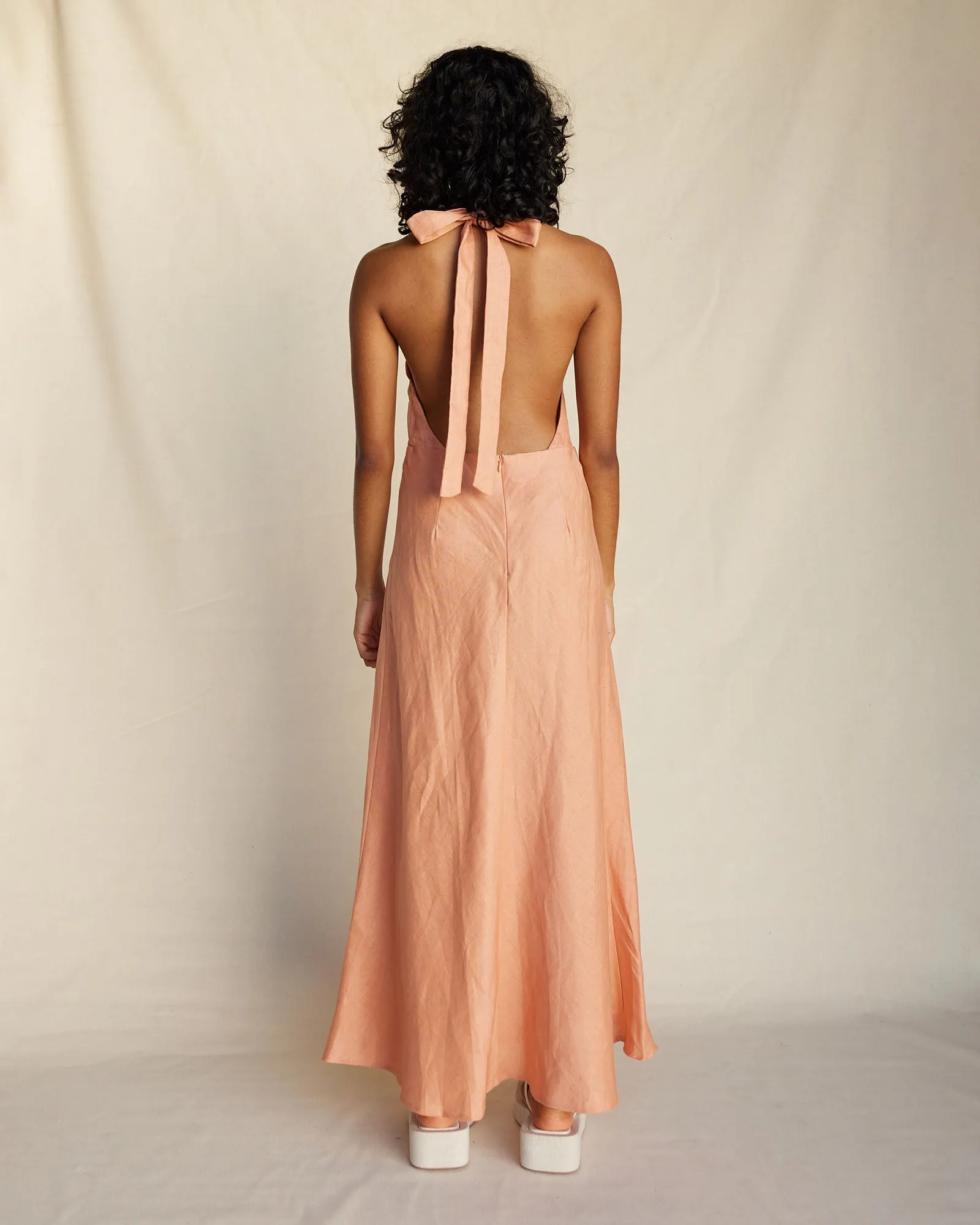 Zaina Linen Halter Maxi Dress - Apricot