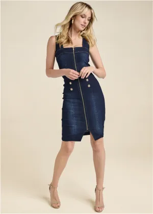 Zip-Front Denim Dress - Dark Wash